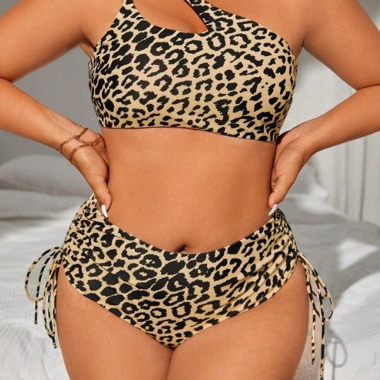 CL (L-4XL) oblique shoulder leopard print plus size swimsuit women's split high waist two-piece bikini