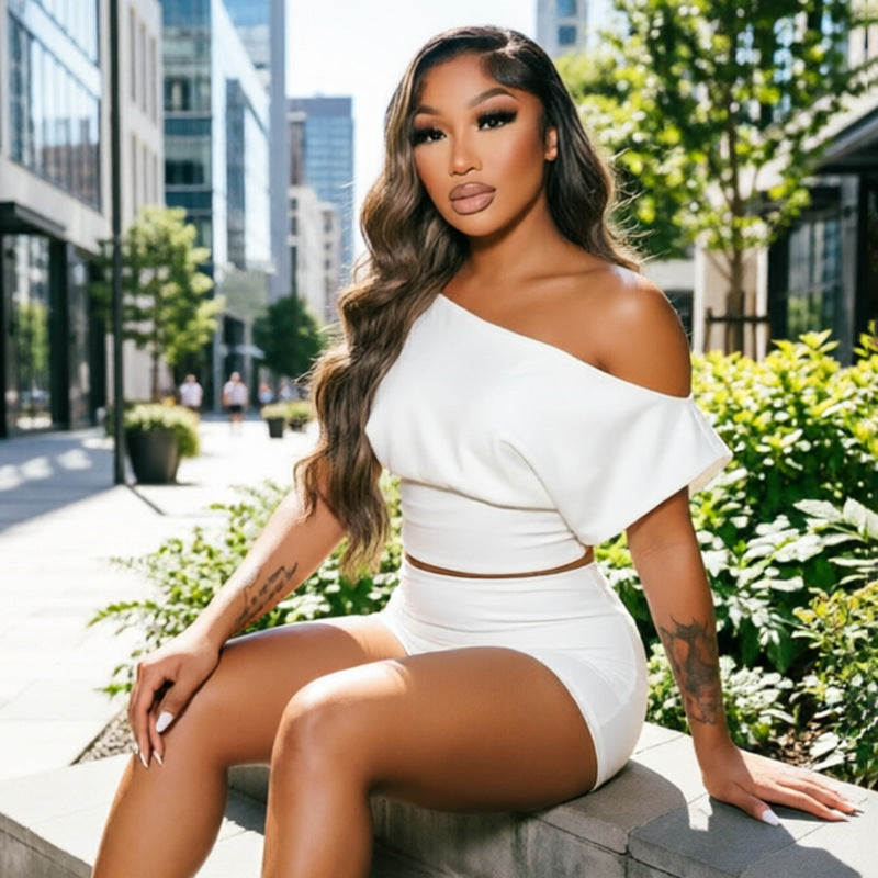 DZHT J26ST267 solid color slim fit fashion shoulder-baring short sleeve shorts suit