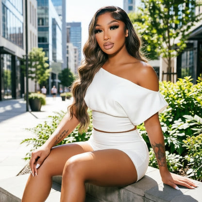 DZHT J26ST267 solid color slim fit fashion shoulder-baring short sleeve shorts suit