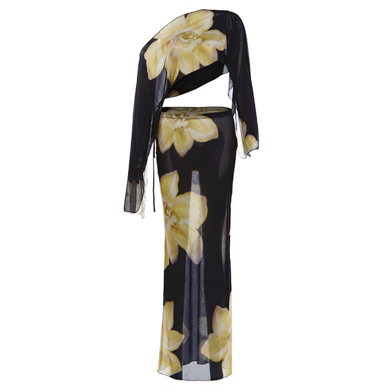 SXR autumn and winter off-shoulder midriff-baring top high waist drawstring printed skirt