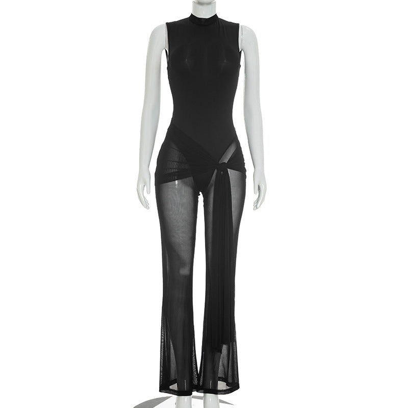 DZHT Q26JP060 mesh see-through strap design fitted waist jumpsuit