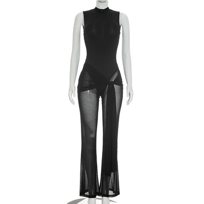 DZHT Q26JP060 mesh see-through strap design fitted waist jumpsuit
