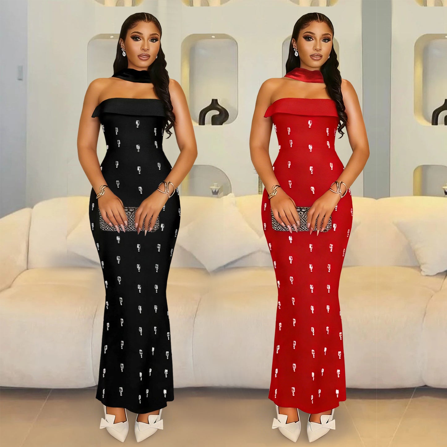 XYZ C7626 elegant tube top rhinestone ribbon dress suit