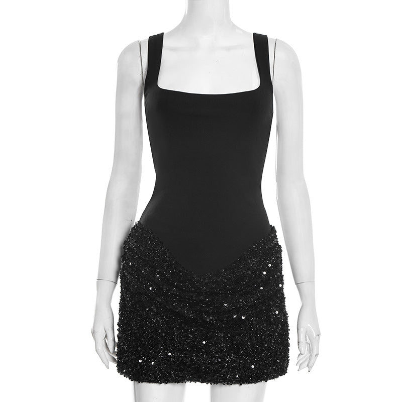 DZHT D25DS552 wine red hip-wrapped short sling stitching sequins dress
