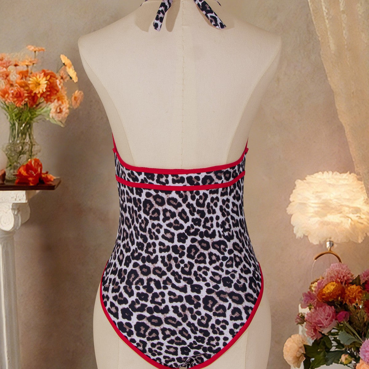 (4 days ready to ship) SY 2026 one-piece leopard print halter lace-up bikini swimsuit