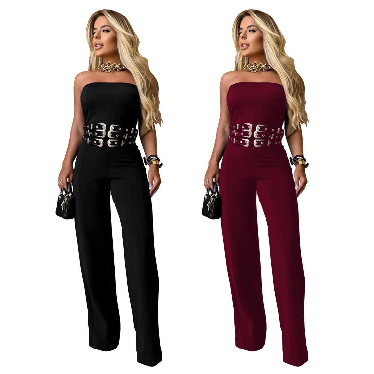 XYZ C7483 casual tube top metal buckle jumpsuit