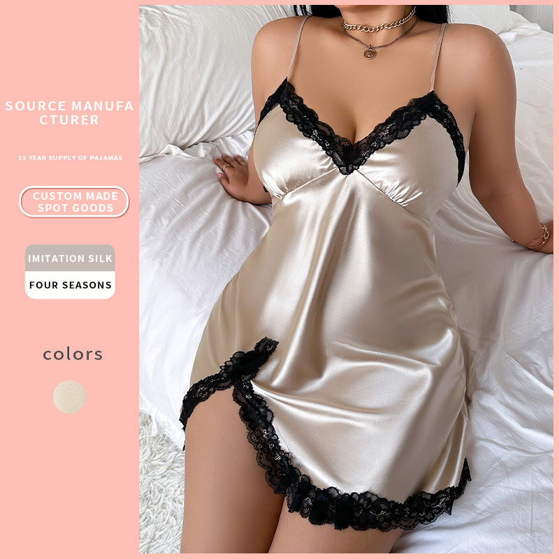 DNL plus size women's clothing backless slip dress artificial silk nightdress loose ice silk pajamas