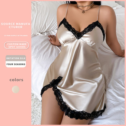 DNL plus size women's clothing backless slip dress artificial silk nightdress loose ice silk pajamas
