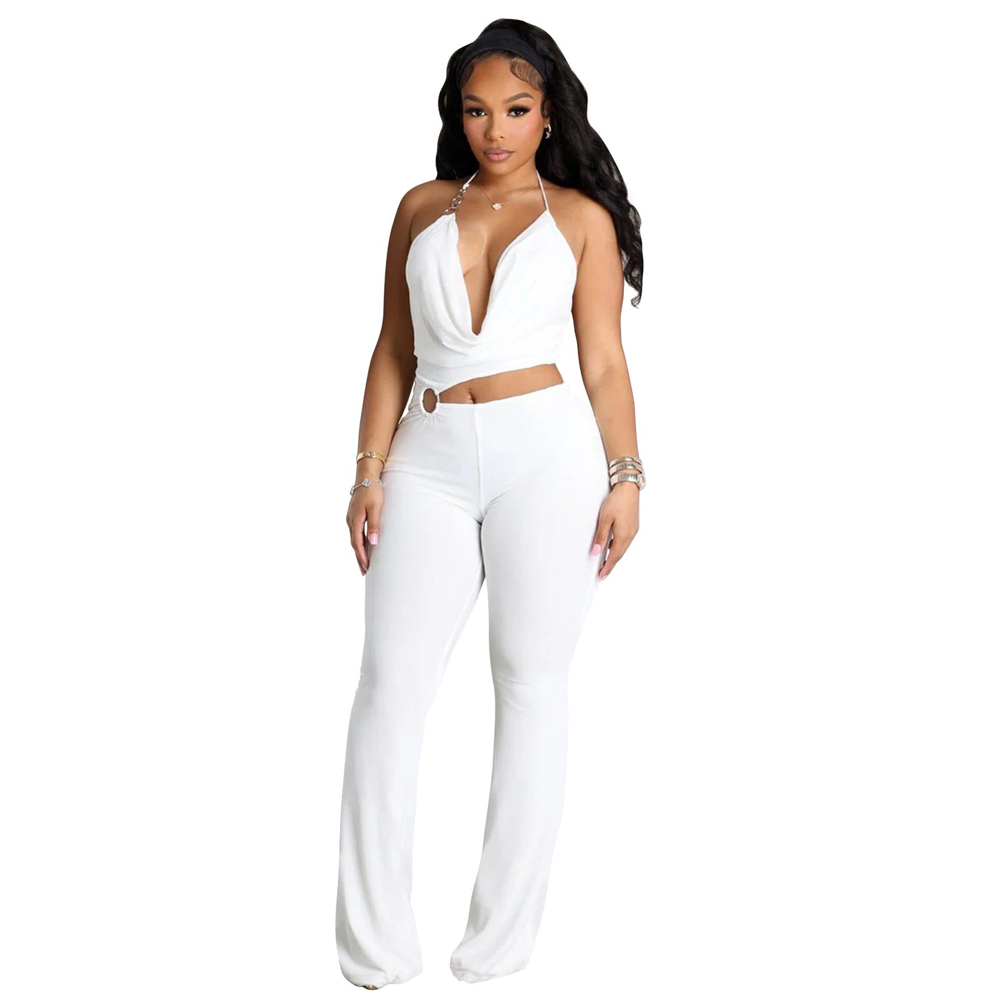 MYF (S-2XL) 10867 circle decorative halter midriff outfit jumpsuit