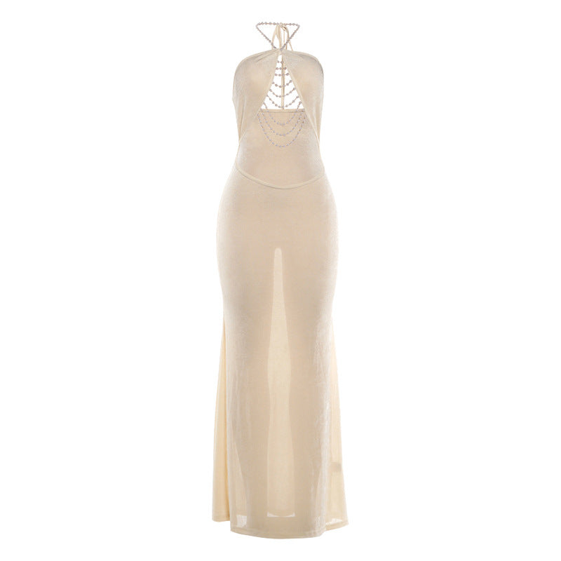 DLS summer halter backless Pearl decorative navel sheath dress