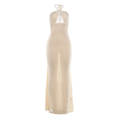 DLS summer halter backless Pearl decorative navel sheath dress