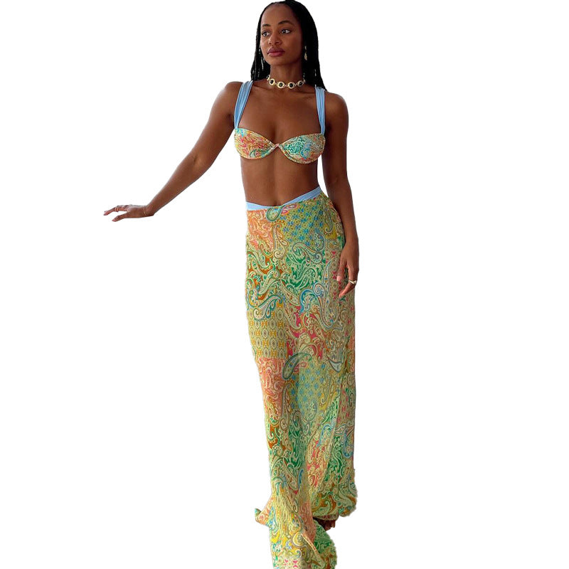 SXR spring printing color contrast tied top high waist skirt three-piece set