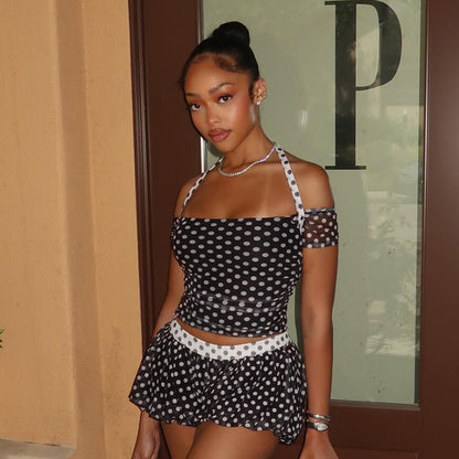 DZHT J26ST178 color matching polka dot print lace-up off-shoulder top loose shorts two-piece suit