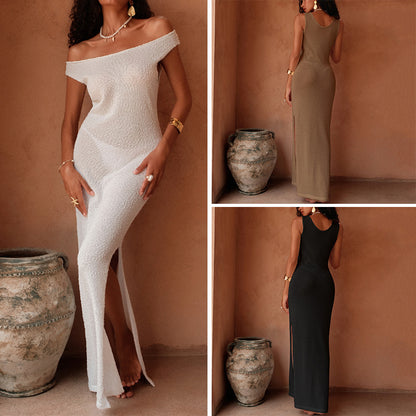 CYB side slit hot and spicy two-way dress spaghetti straps knitted beach cover-up