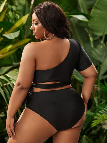 LF (L-4XL) women's split solid color black swimsuit plus size