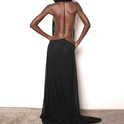 SXR spring V-neck halter mesh backless sexy solid color dress