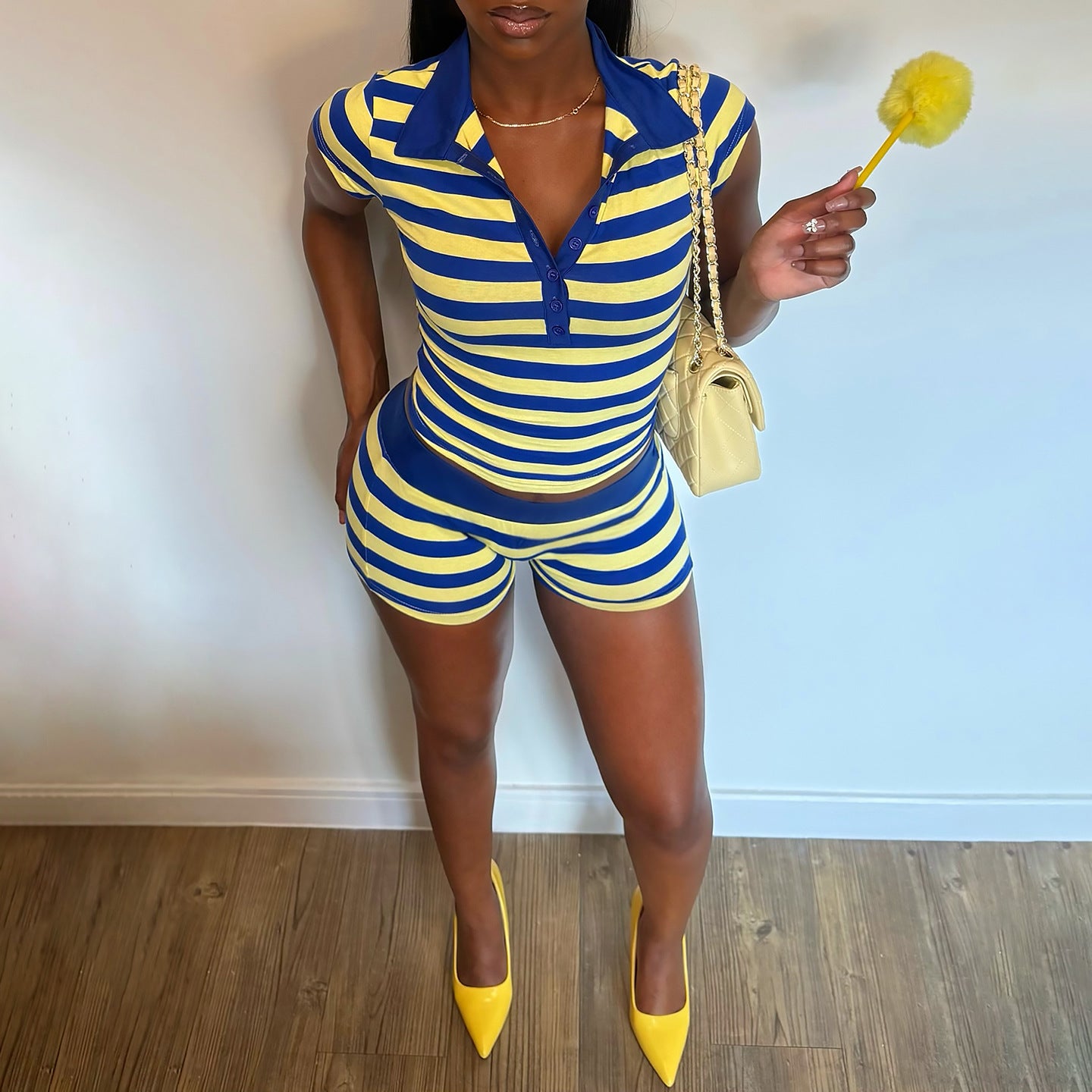 DLS summer stripes lapel T-shirt casual short sports suit