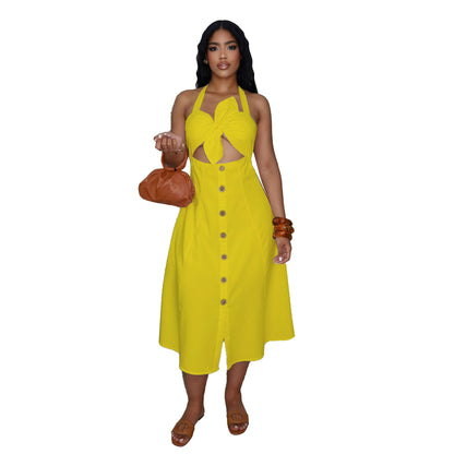 GY (S-3XL) S11088 twist decoration smocking halter tied dress