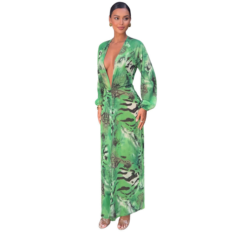 SXR K6D11375A summer backless deep V split long sleeve dress