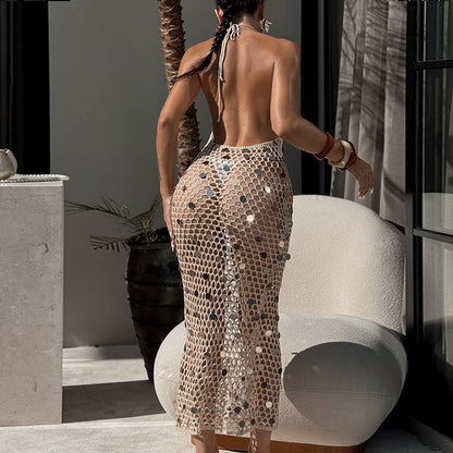 CYB sequined beach dress halter lace-up bare back hip knitwear dress blouse