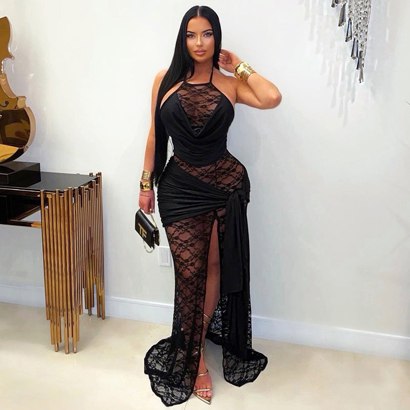 DZHT D26DS201 solid color lace stitching halter swing collar slit ribbon dress long skirt