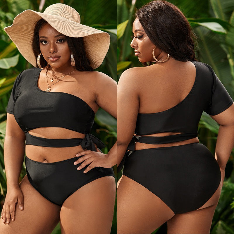 LF (L-4XL) women's split solid color black swimsuit plus size