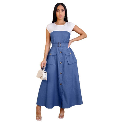 GY (S-3XL) K3635 denim stitching contrast color overalls pocket a-style hemline waist dress