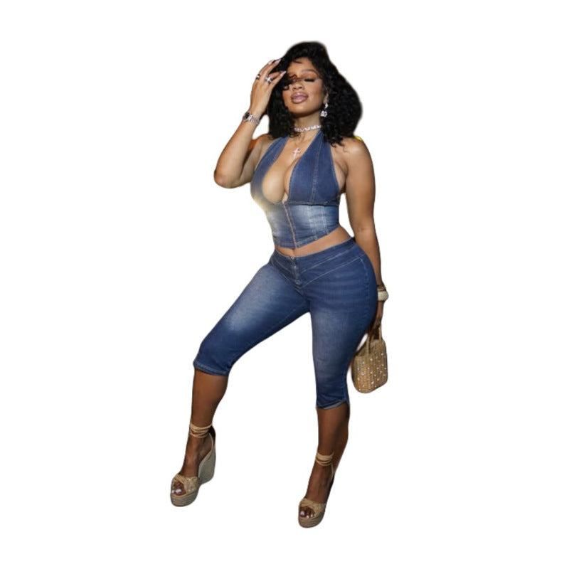 MZ (S-2XL) tube top halter lace-up denim cropped pants suit MZ88643 stretch