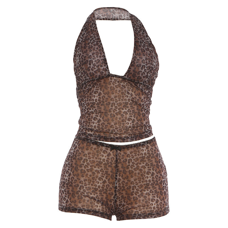DLS summer halter backless top leopard print low waisted shorts suit