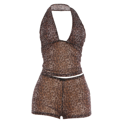 DLS summer halter backless top leopard print low waisted shorts suit
