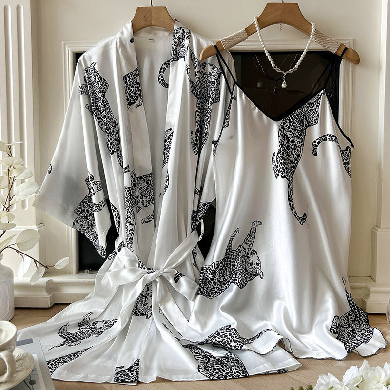 DNL imitated silk pajamas V-neck long slip nightdress two-piece pajamas suit
