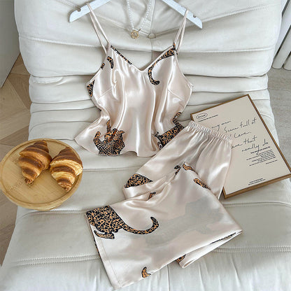 (S-XL) DNL pajamas leopard print suspender trousers suit imitated silk pajamas suit