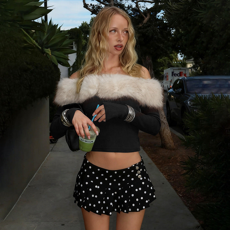 SXR autumn and winter cropped off-the-neck fur stitching color contrast long sleeve T-shirt top
