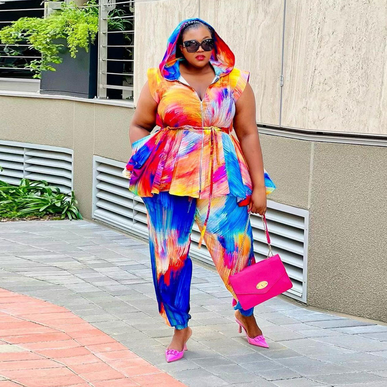 GY (2XL-5XL) SRS10438 printed hooded two-piece set
