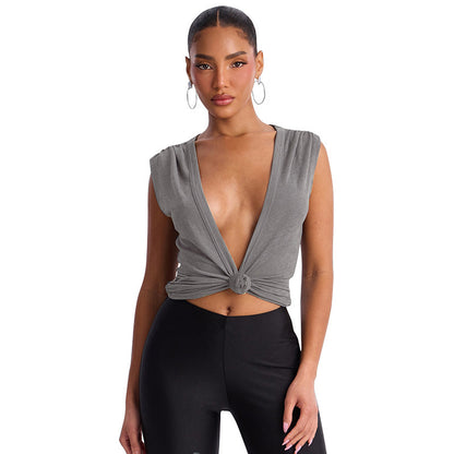 DZHT C26TP090 spring/summer solid color deep V-neck knotted sleeveless short top T-shirt