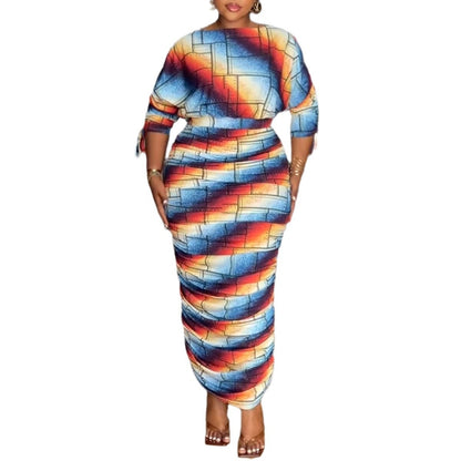 GY (S-3XL) S10910 printed pleating Raglan long sleeves skirt two-piece set
