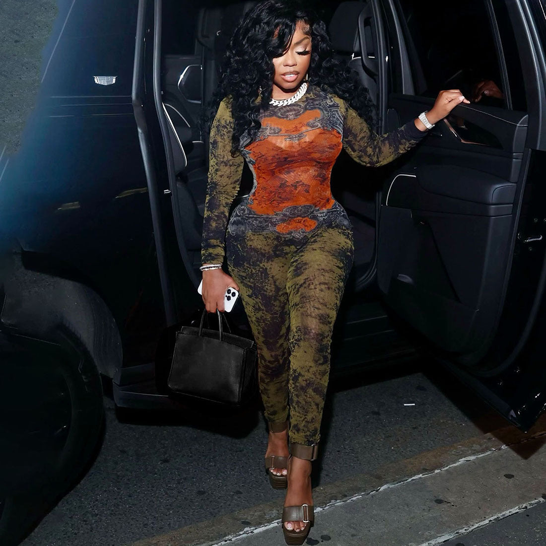 SXR summer printed mesh high waist long-sleeve zipper jumpsuit