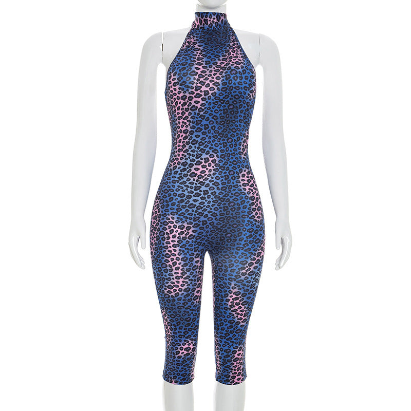 DZHT D26JP134 blooming leopard print halter strap backless cropped jumpsuit