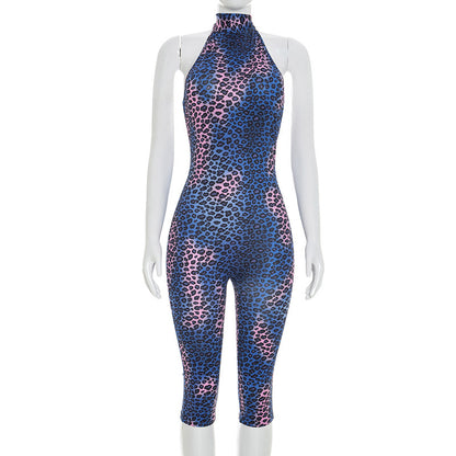 DZHT D26JP134 blooming leopard print halter strap backless cropped jumpsuit