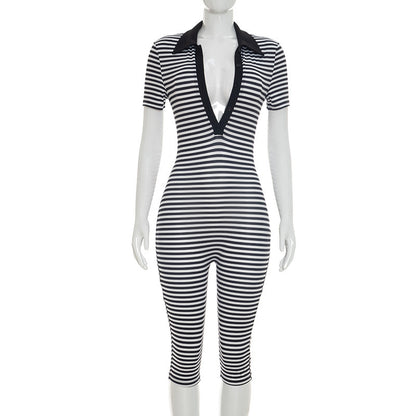 DZHT D26JP197 striped printing lapel short sleeve tight one-piece cropped pants