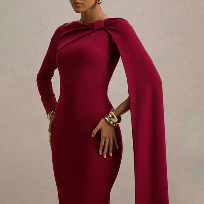 MYF (S-2XL) 10897 one-shoulder ribbon evening dress long sleeve narrow dress