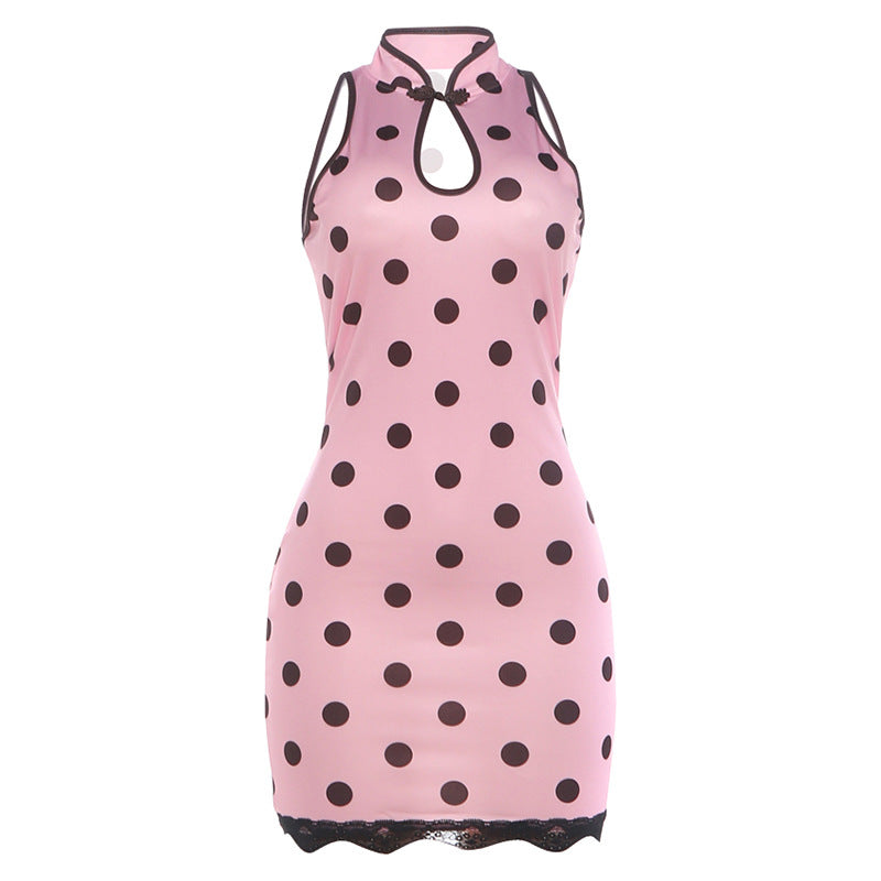 DLS summer polka dot slim-fit hip-wrapped short dress lace stitching dress