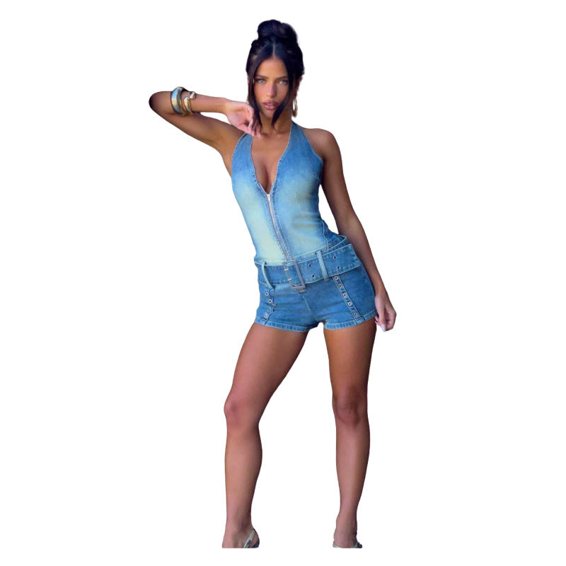 MZ (S-2XL) denim MZ88646 halter lace-up stretch one-piece shorts