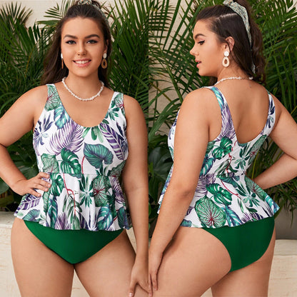 LF (L-4XL) women's split color printing swimsuit plus size