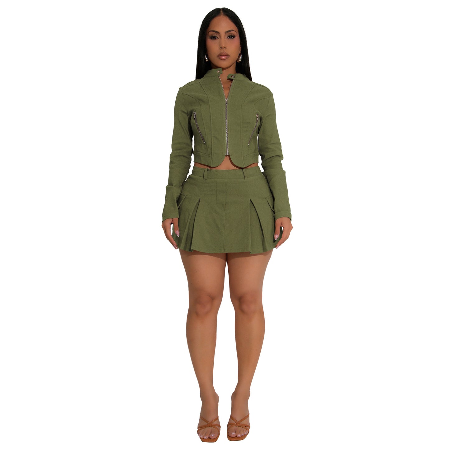 MYF (S-2XL) 10888 long sleeve zipper top skirt two-piece set