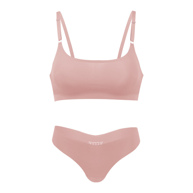 Seamless thin large size underwear set small breast size exaggerating bra T-shaped beauty back adjustable wireless bra