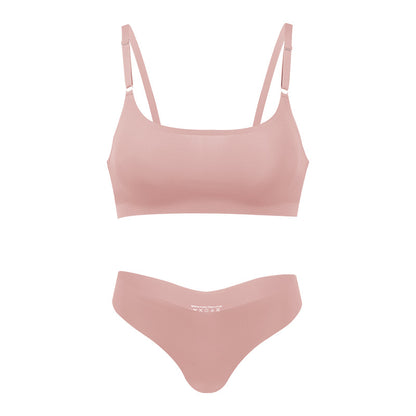 Seamless thin large size underwear set small breast size exaggerating bra T-shaped beauty back adjustable wireless bra