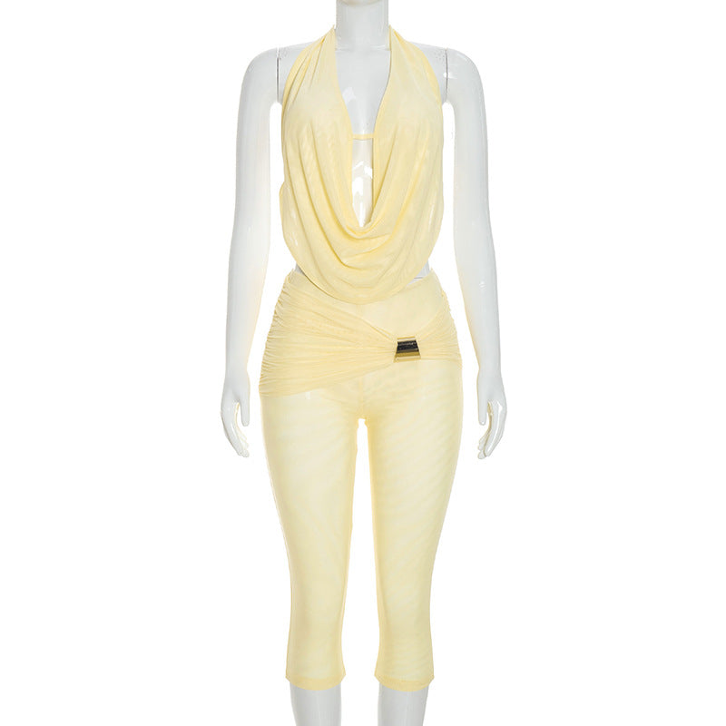 DZHT C26ST240 draped collar halter lace-up backless sling skinny knee length pants suit