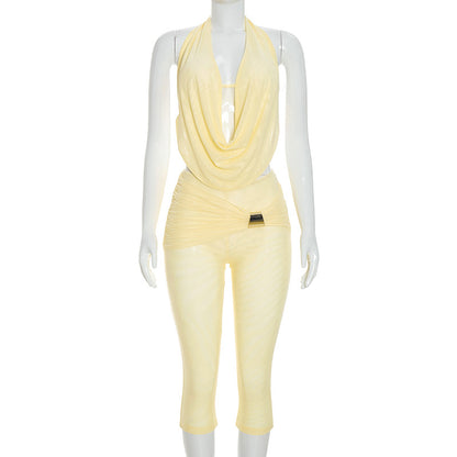 DZHT C26ST240 draped collar halter lace-up backless sling skinny knee length pants suit