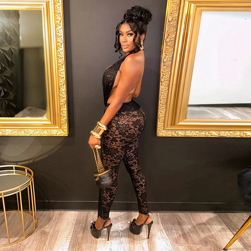 DZHT J25JP483 halter cut-out lace see-through backless lace jumpsuit
